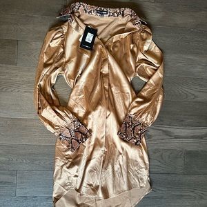 NWT Fashion Nova Satin-Like Shirt Dress with Snake Skin Accents